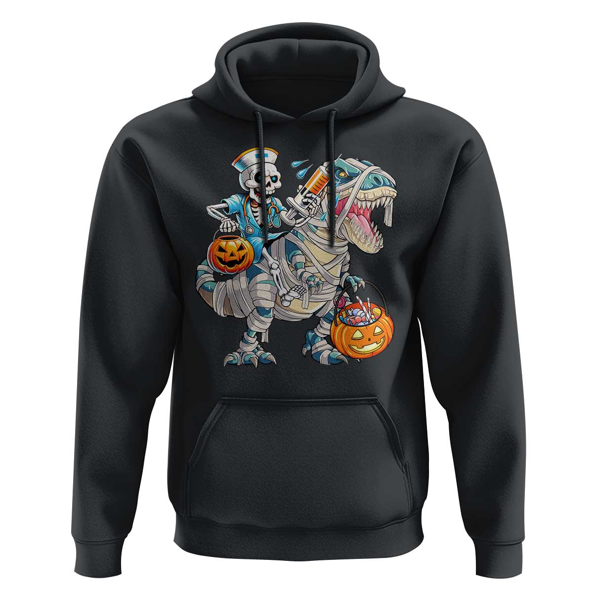 Funny Halloween Nurse Hoodie Skeleton Nurse Riding Mummy Dinosaur Pumpkin Candy - Wonder Print Shop