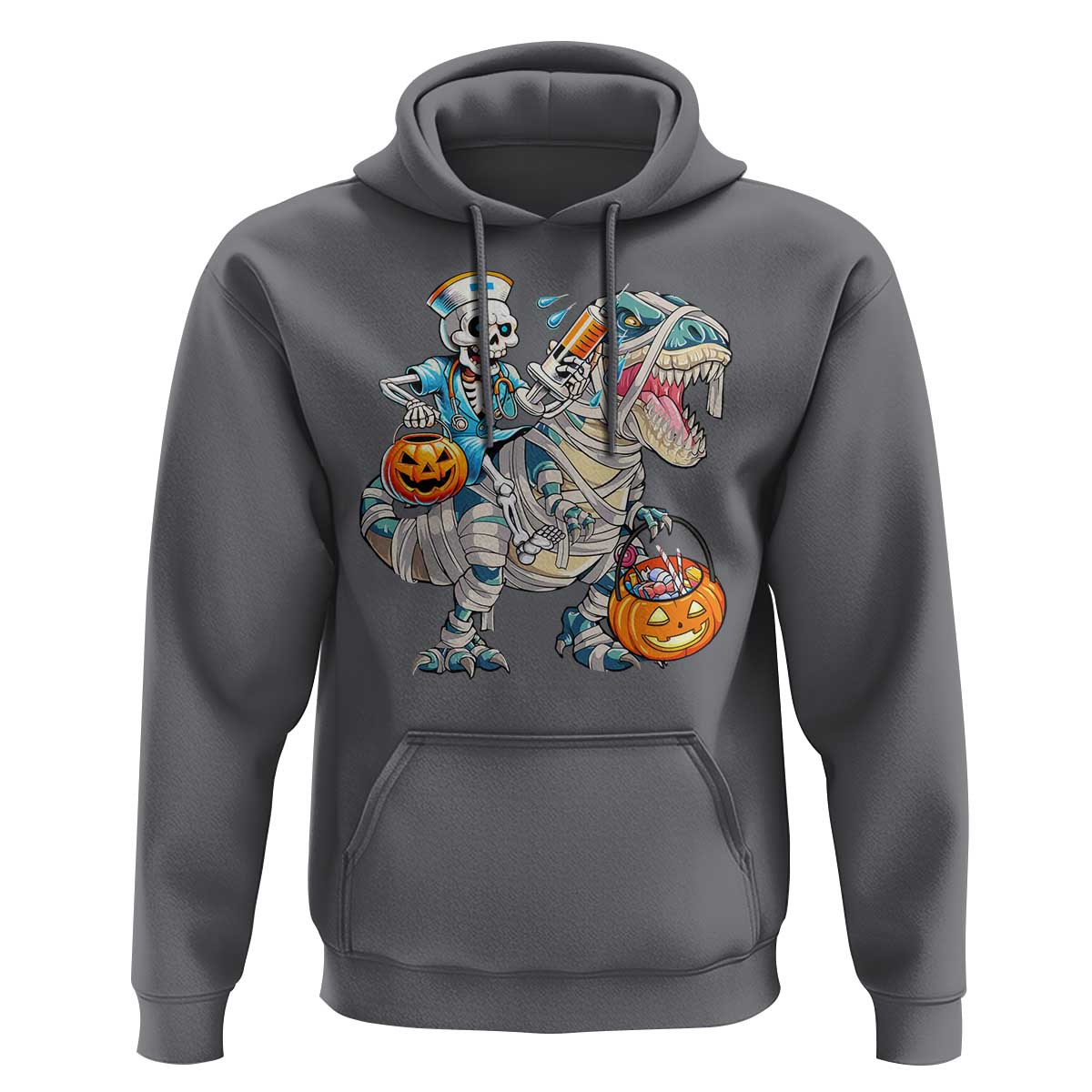 Funny Halloween Nurse Hoodie Skeleton Nurse Riding Mummy Dinosaur Pumpkin Candy - Wonder Print Shop