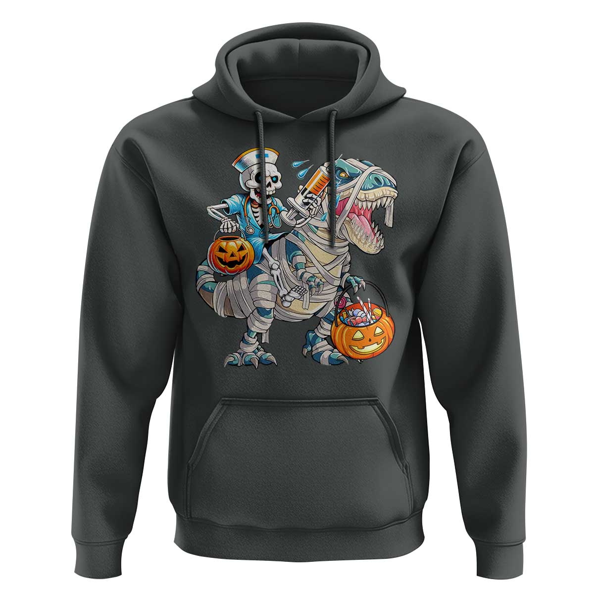 Funny Halloween Nurse Hoodie Skeleton Nurse Riding Mummy Dinosaur Pumpkin Candy - Wonder Print Shop