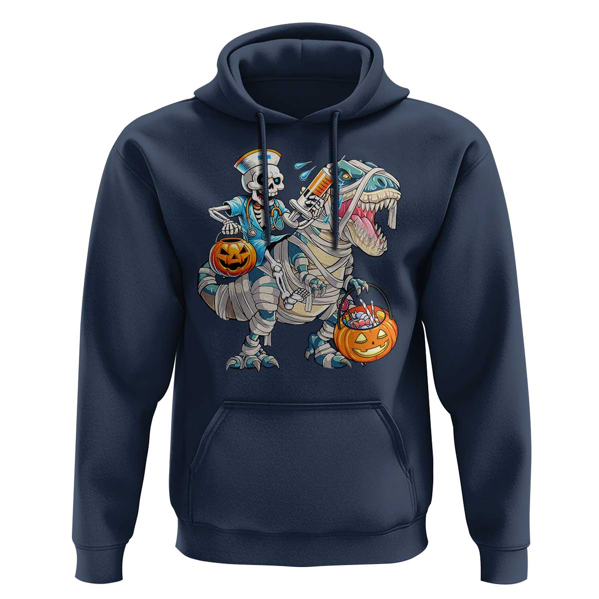 Funny Halloween Nurse Hoodie Skeleton Nurse Riding Mummy Dinosaur Pumpkin Candy - Wonder Print Shop