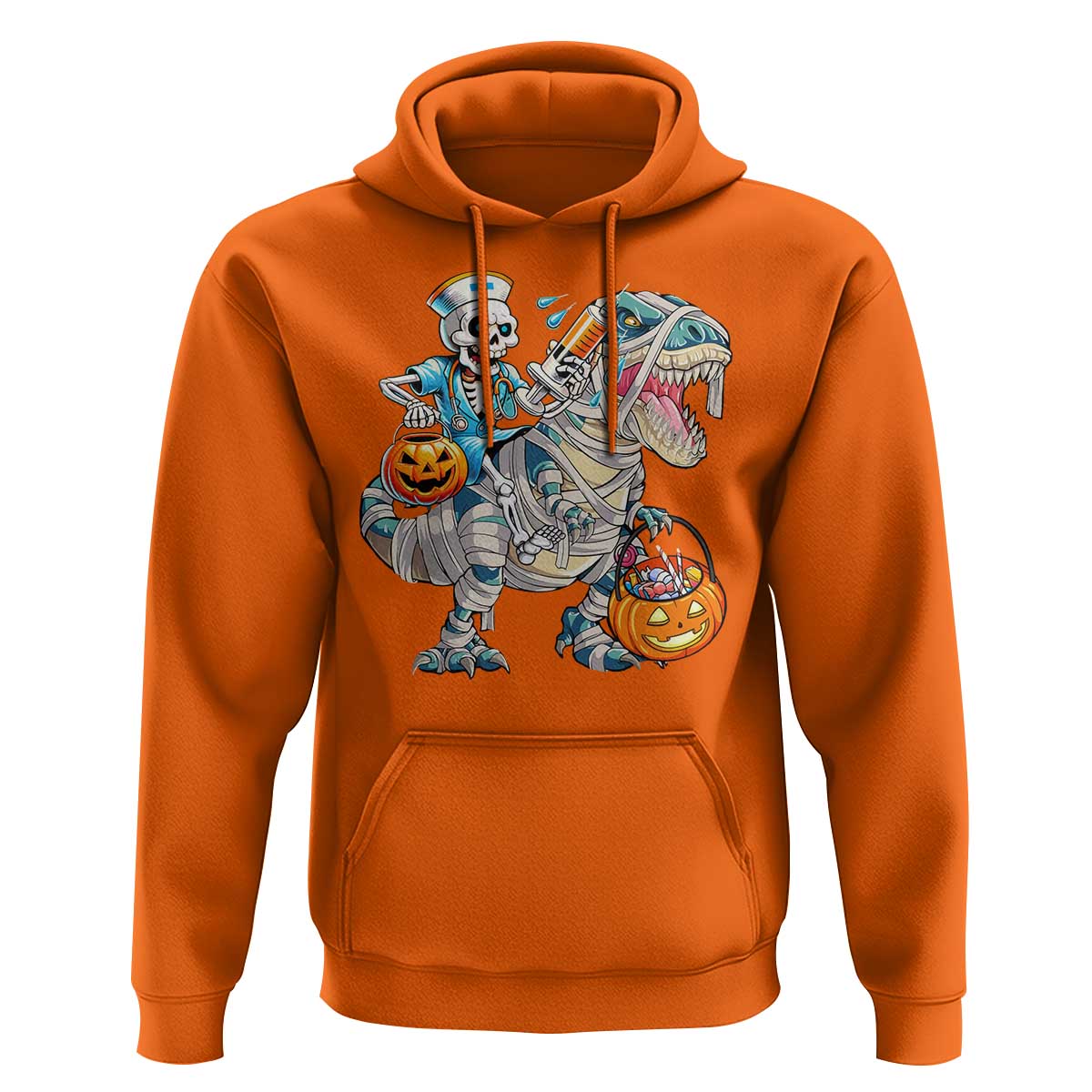 Funny Halloween Nurse Hoodie Skeleton Nurse Riding Mummy Dinosaur Pumpkin Candy - Wonder Print Shop