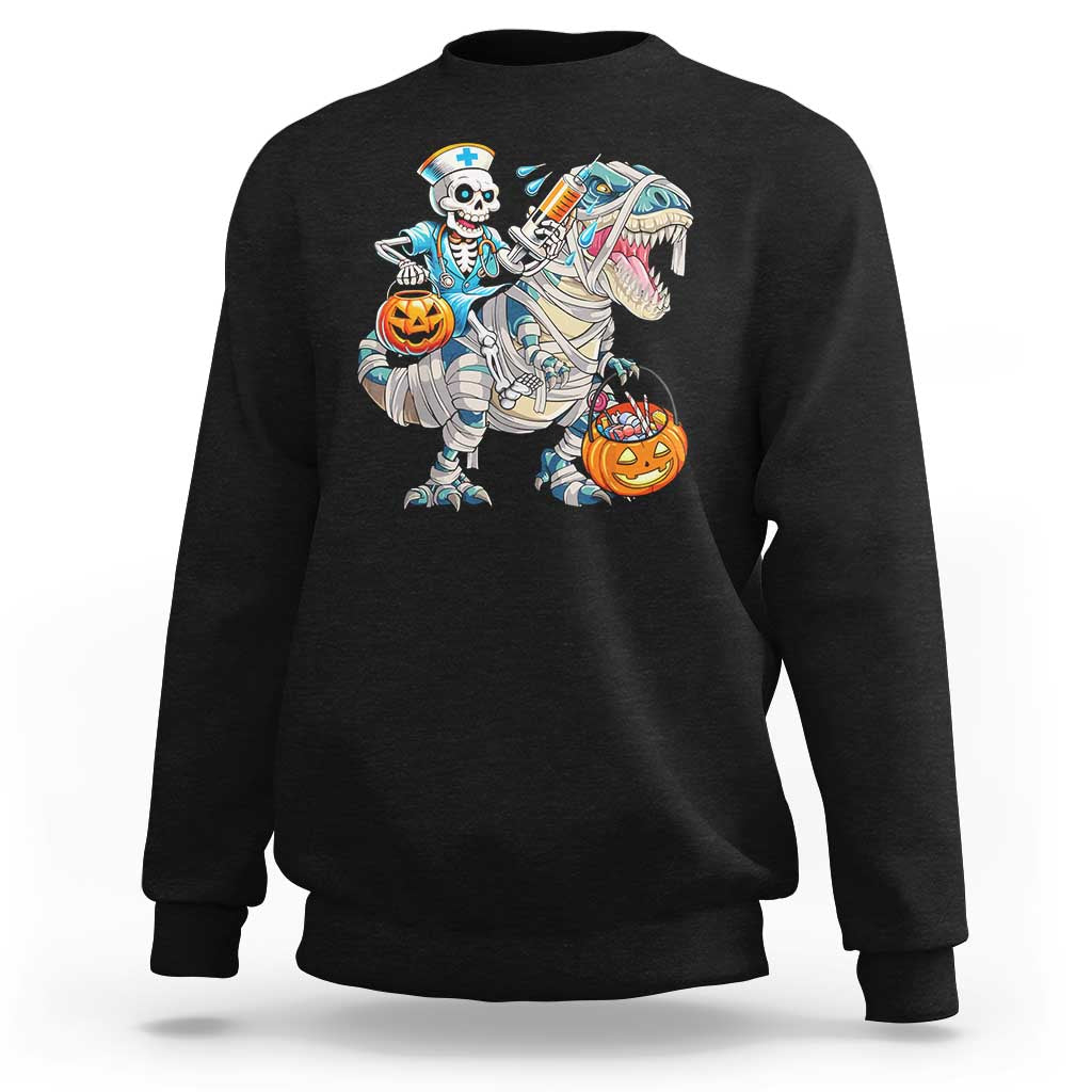 Funny Halloween Nurse Sweatshirt Skeleton Nurse Riding Mummy Dinosaur Pumpkin Candy - Wonder Print Shop