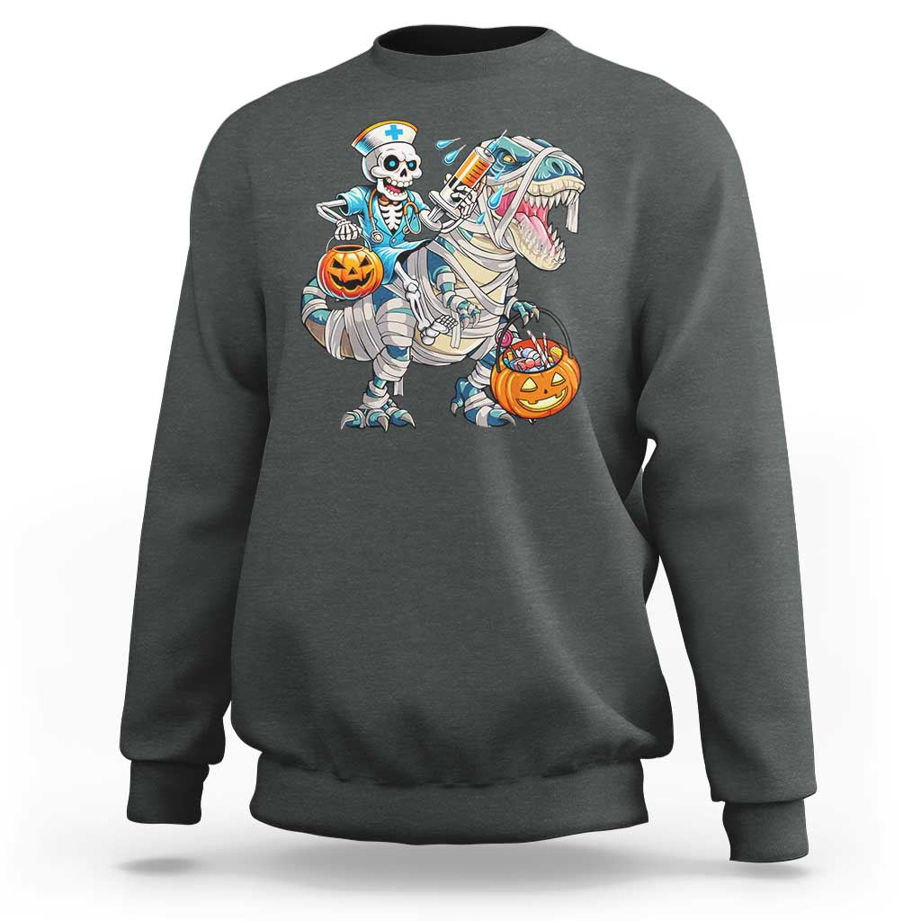 Funny Halloween Nurse Sweatshirt Skeleton Nurse Riding Mummy Dinosaur Pumpkin Candy - Wonder Print Shop