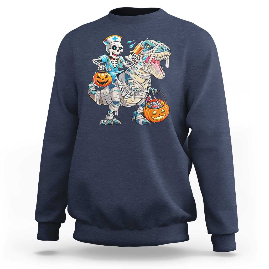 Funny Halloween Nurse Sweatshirt Skeleton Nurse Riding Mummy Dinosaur Pumpkin Candy - Wonder Print Shop