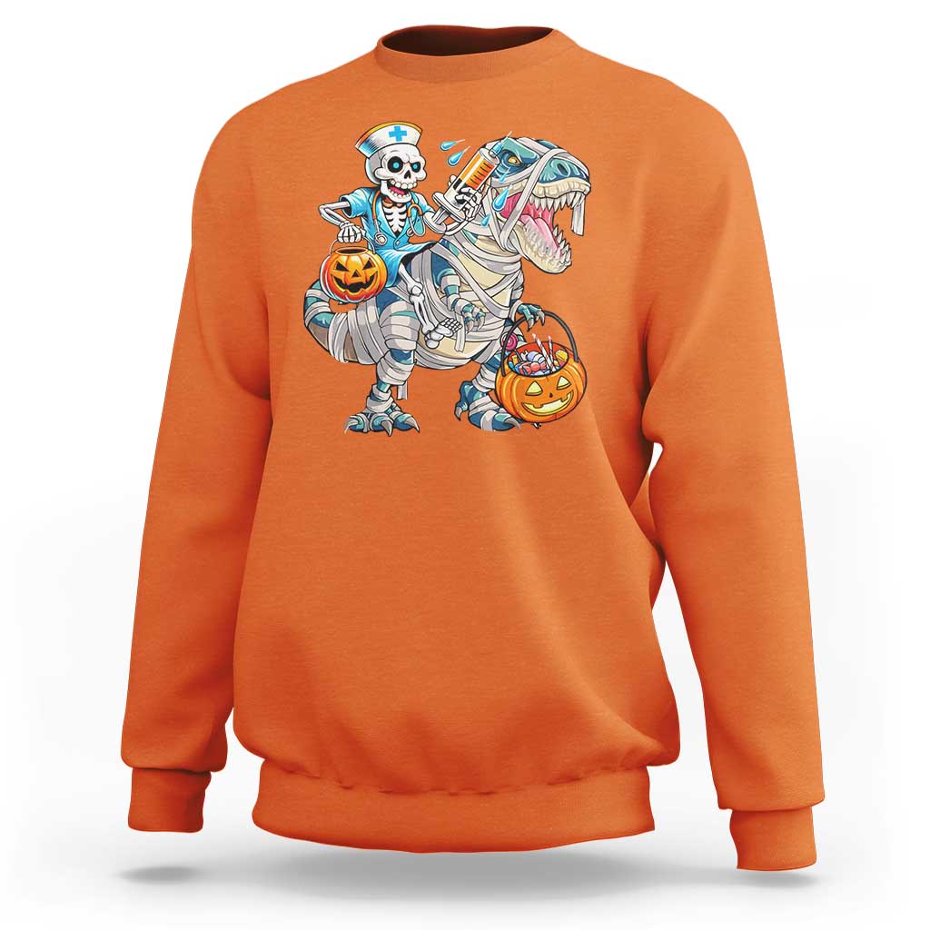 Funny Halloween Nurse Sweatshirt Skeleton Nurse Riding Mummy Dinosaur Pumpkin Candy - Wonder Print Shop