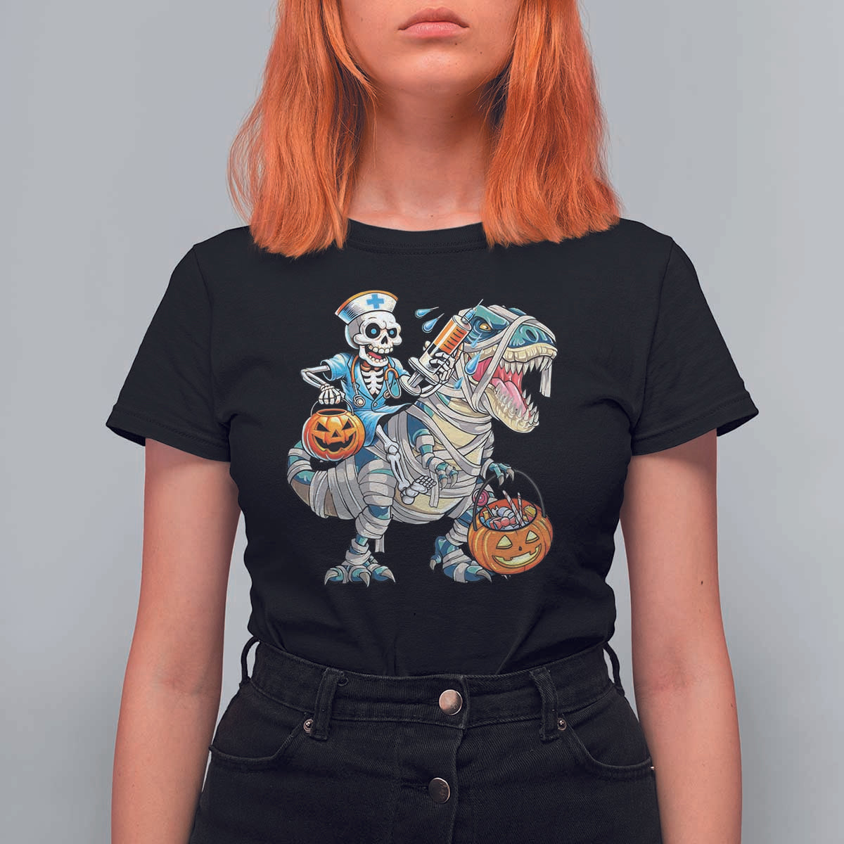 Funny Halloween Nurse T Shirt For Women Skeleton Nurse Riding Mummy Dinosaur Pumpkin Candy - Wonder Print Shop