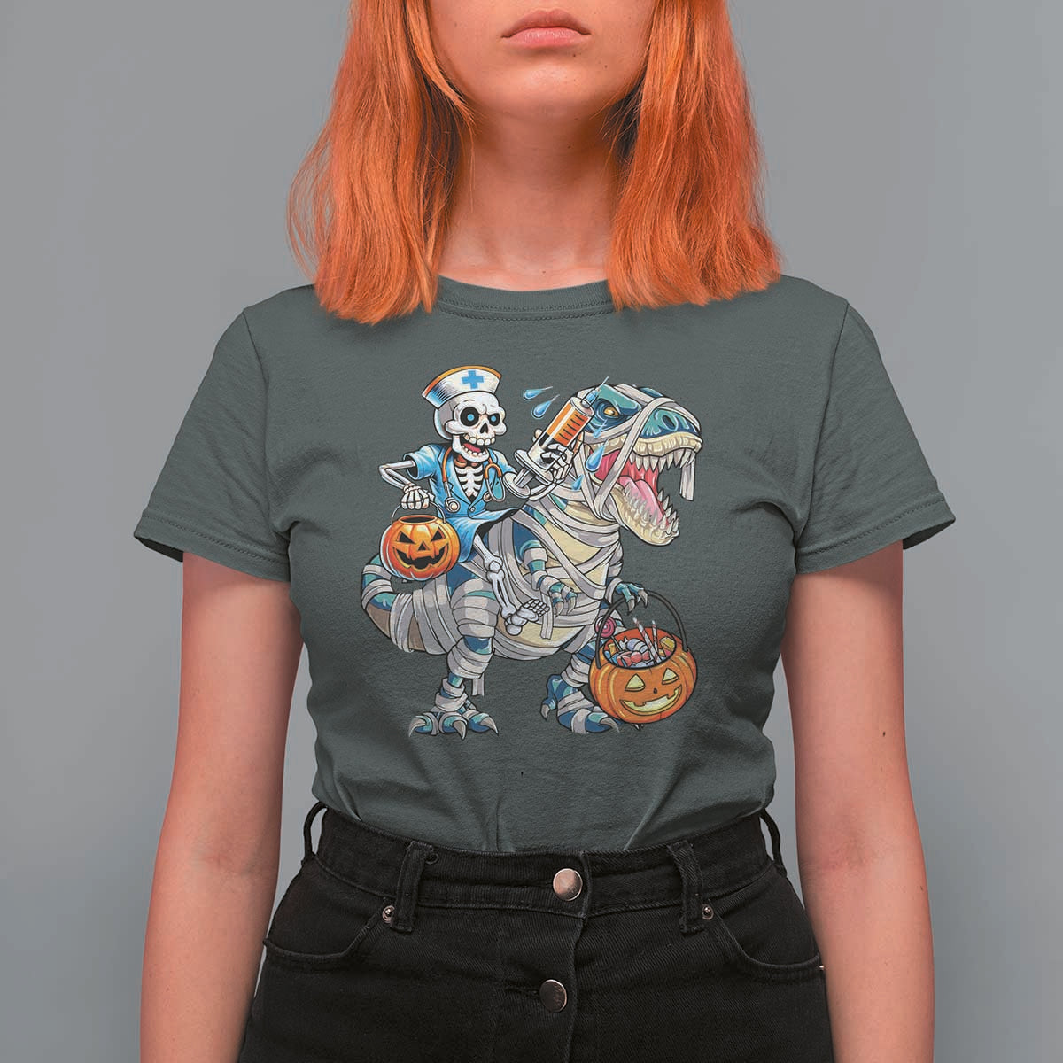 Funny Halloween Nurse T Shirt For Women Skeleton Nurse Riding Mummy Dinosaur Pumpkin Candy - Wonder Print Shop