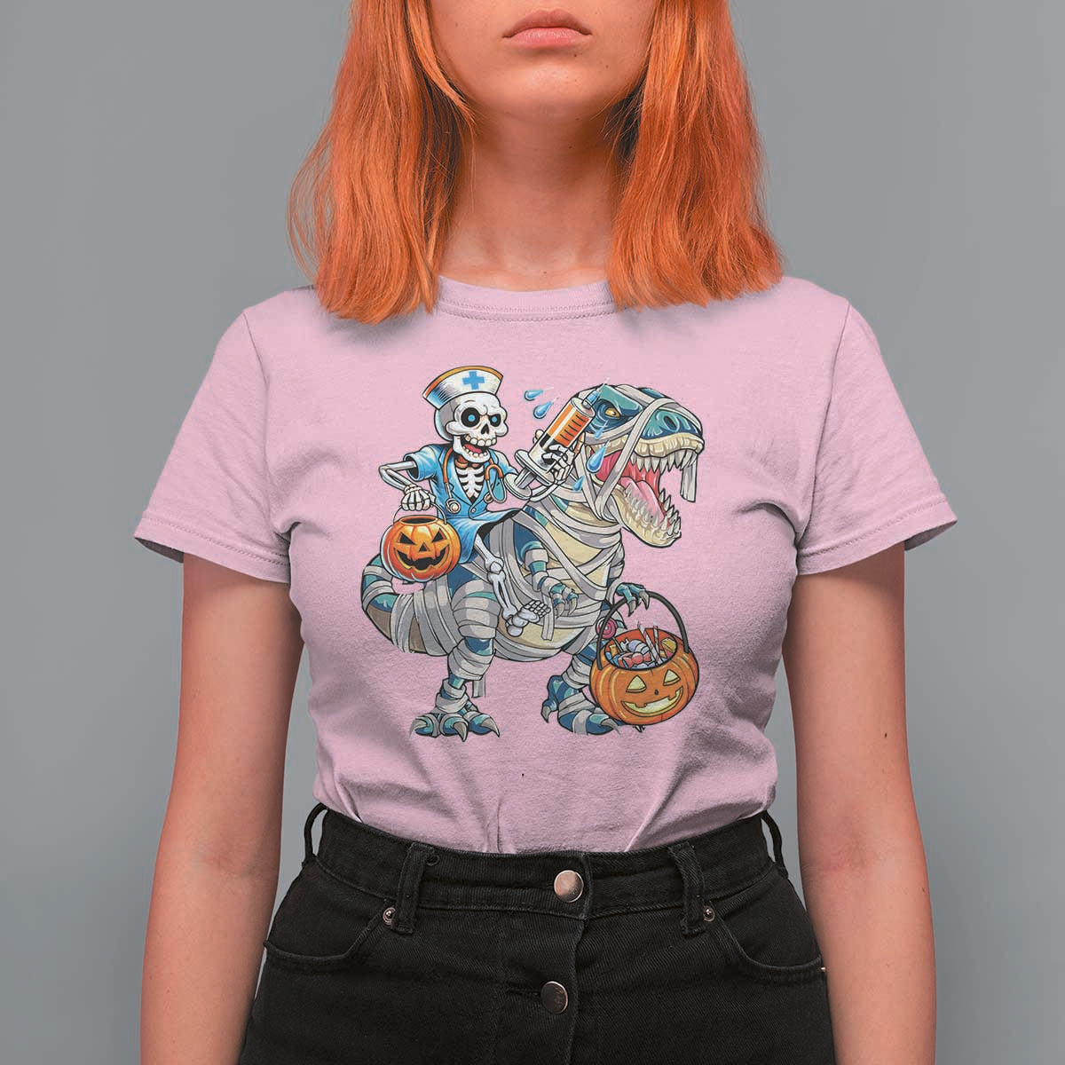 Funny Halloween Nurse T Shirt For Women Skeleton Nurse Riding Mummy Dinosaur Pumpkin Candy - Wonder Print Shop