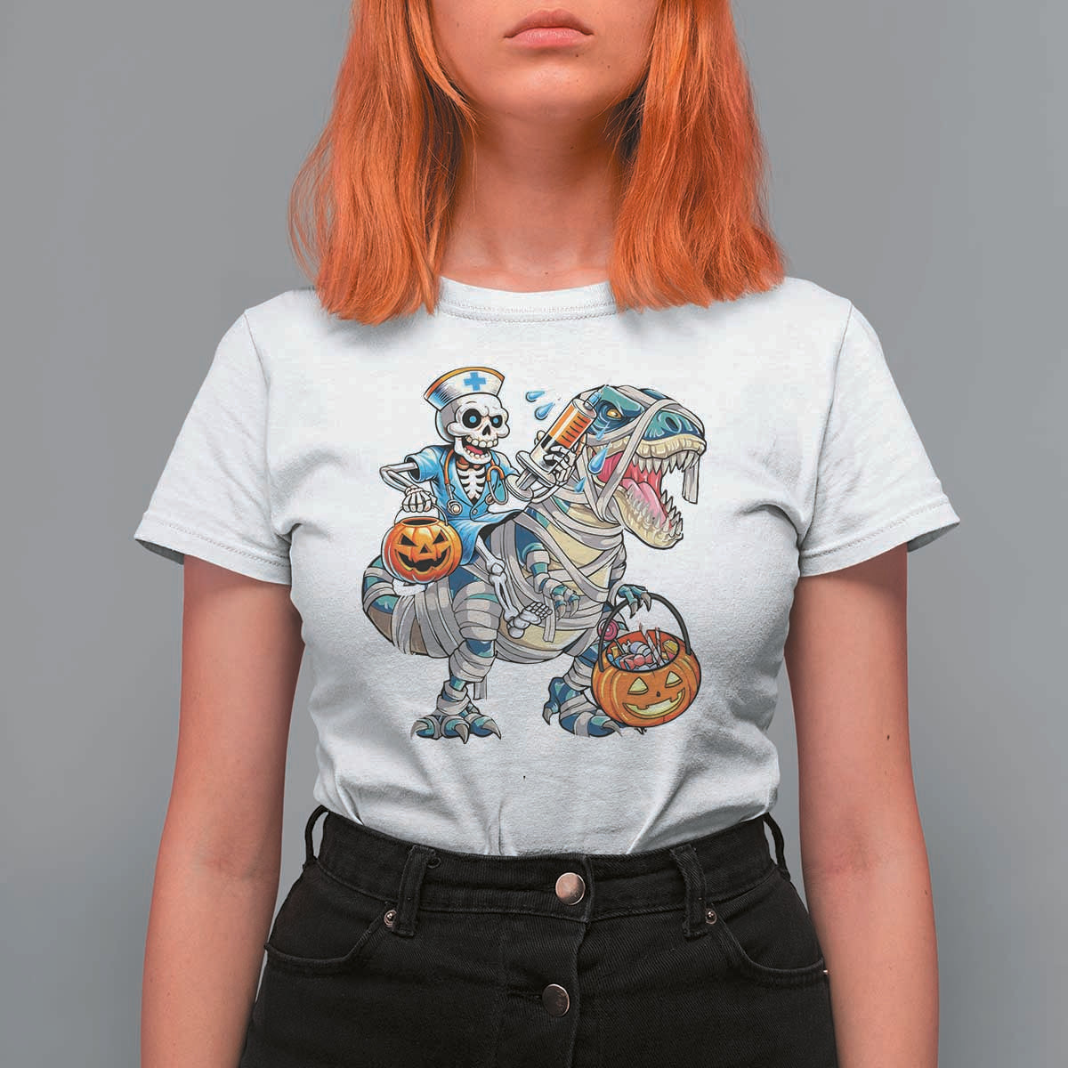 Funny Halloween Nurse T Shirt For Women Skeleton Nurse Riding Mummy Dinosaur Pumpkin Candy - Wonder Print Shop
