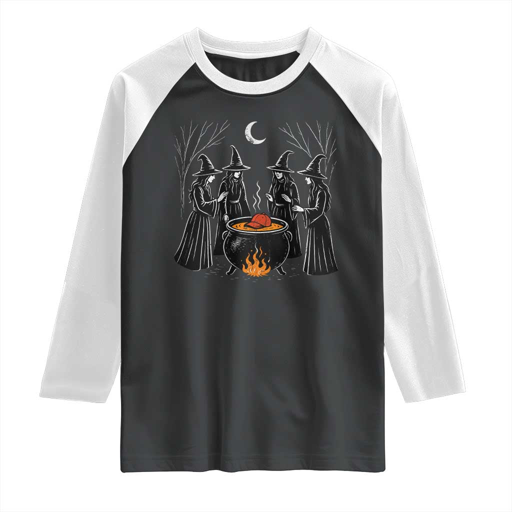 Funny Halloween Witch Spooky Season Orange Cauldron Raglan Shirt - Wonder Print Shop