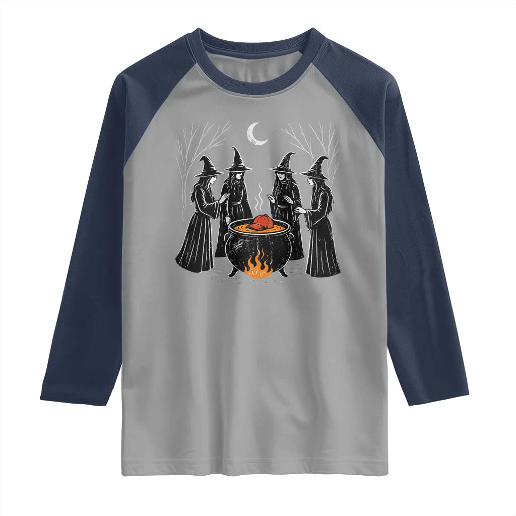 Funny Halloween Witch Spooky Season Orange Cauldron Raglan Shirt - Wonder Print Shop