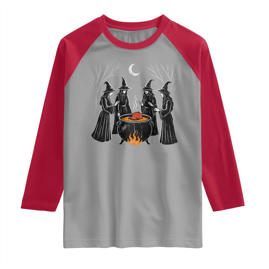 Funny Halloween Witch Spooky Season Orange Cauldron Raglan Shirt - Wonder Print Shop