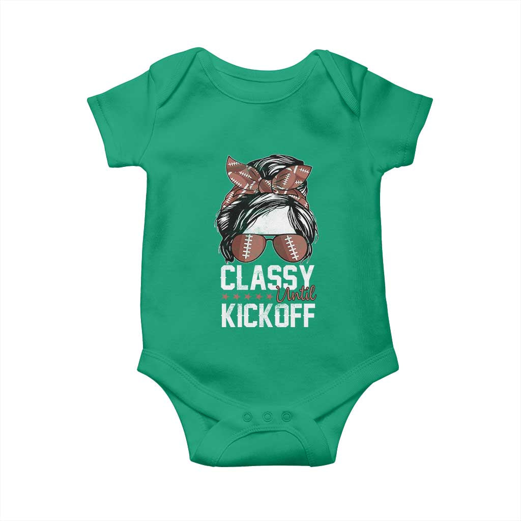 Funny Classy Until Kickoff Baby Onesie American Football Game Day Messy Bun - Wonder Print Shop