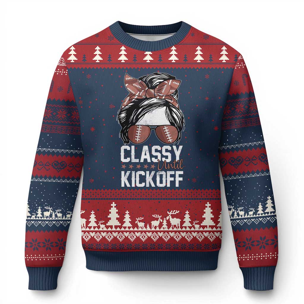 Funny Classy Until Kickoff Ugly Christmas Sweater American Football Game Day Messy Bun - Wonder Print Shop