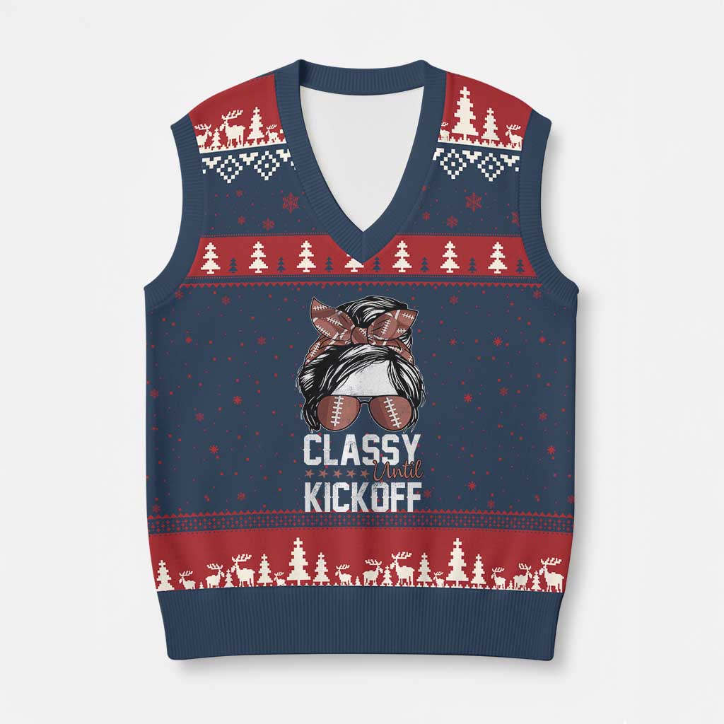 Funny Classy Until Kickoff V-Neck Knit Sweater Vest American Football Game Day Messy Bun - Wonder Print Shop