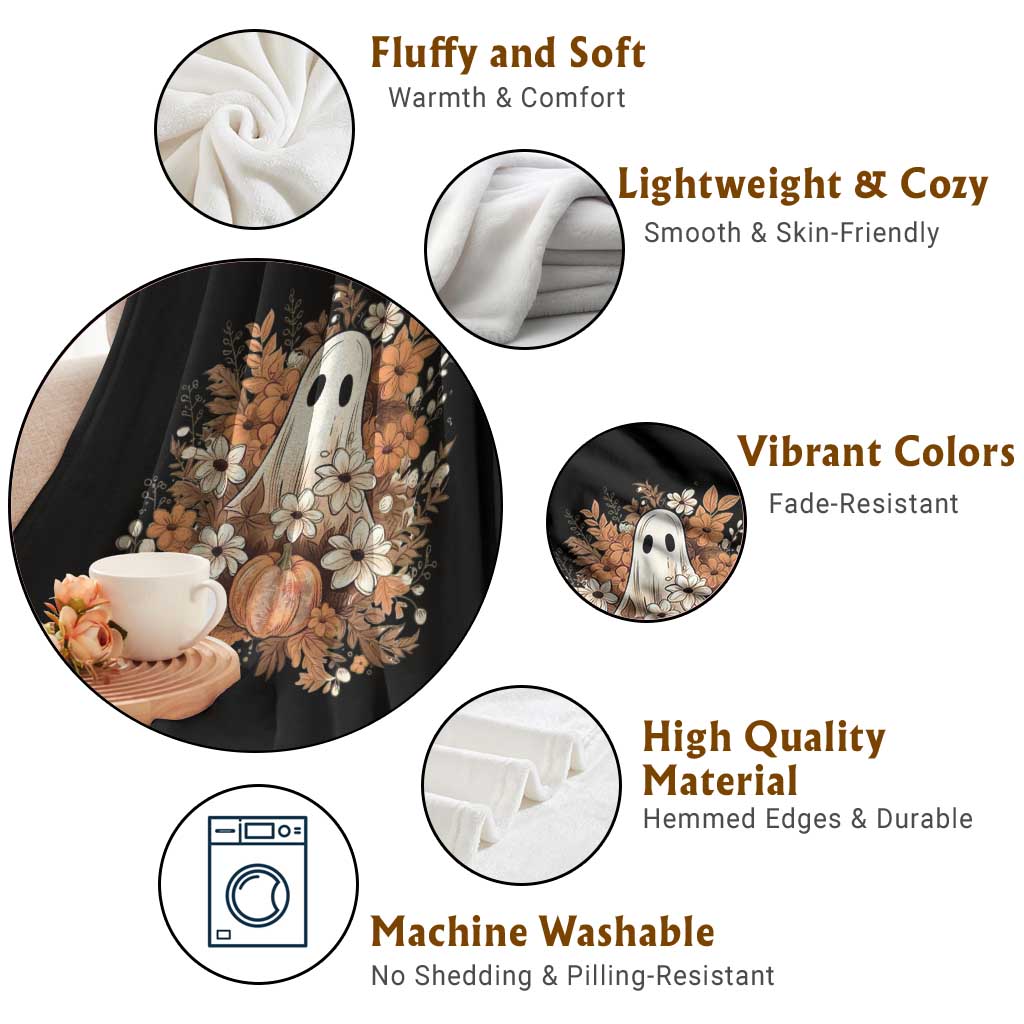 Halloween Ghost Throw Blanket Vintage Floral Pumpkin Glitter Print - Wonder Print Shop