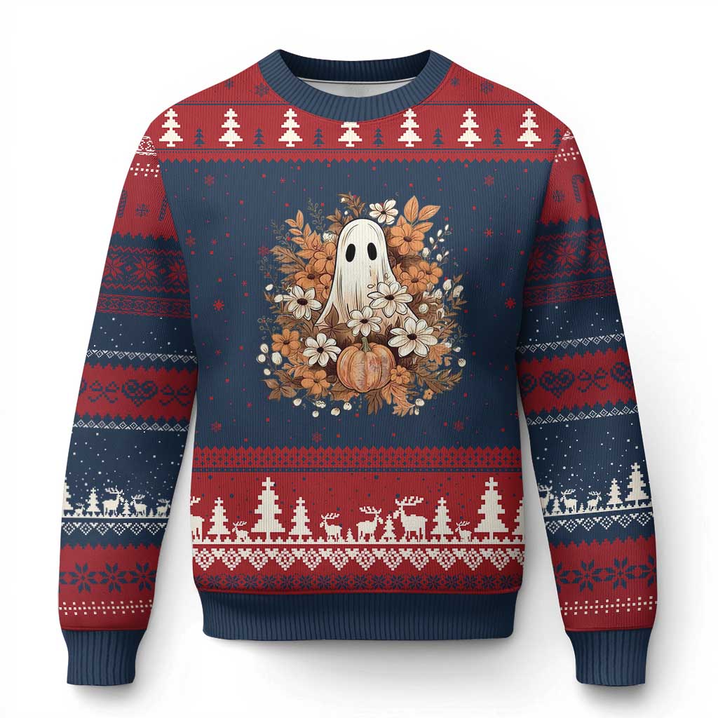 Halloween Ghost Ugly Christmas Sweater Vintage Floral Pumpkin Glitter Print - Wonder Print Shop