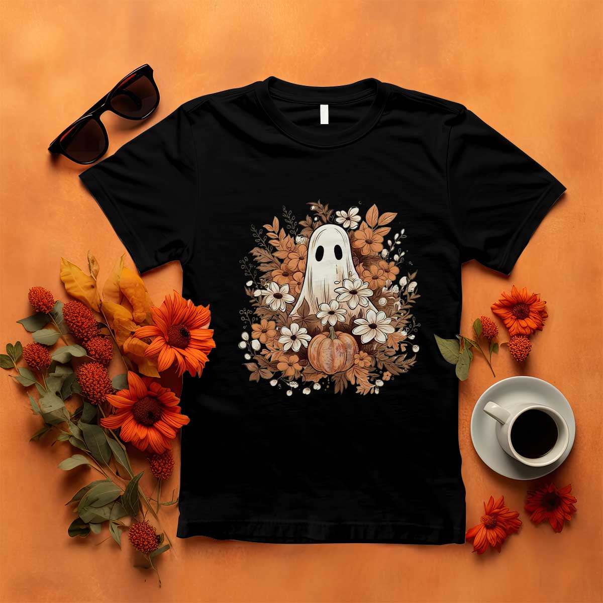 Halloween Ghost T Shirt Vintage Floral Pumpkin Glitter Print - Wonder Print Shop