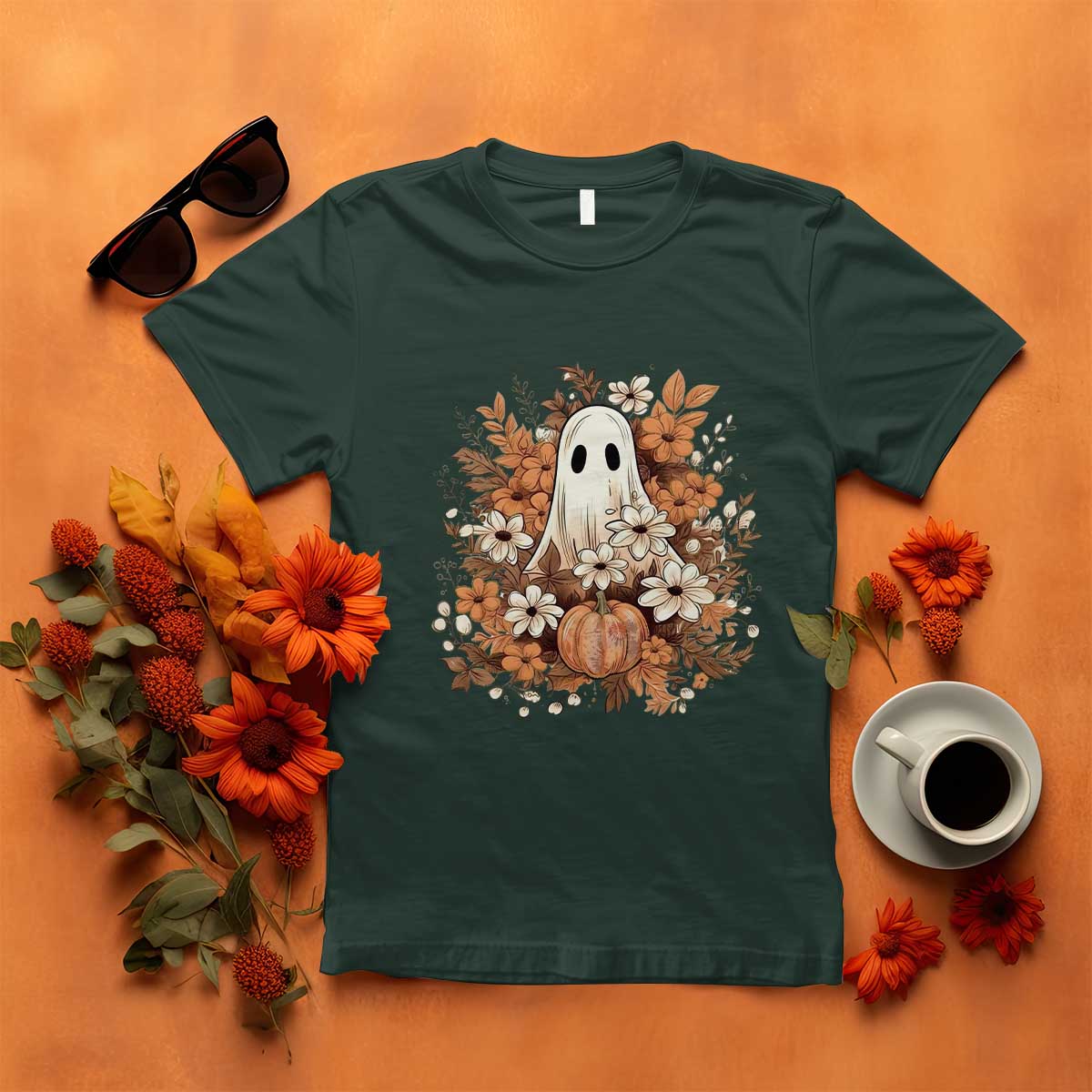 Halloween Ghost T Shirt Vintage Floral Pumpkin Glitter Print - Wonder Print Shop