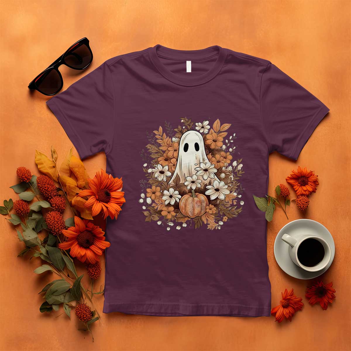 Halloween Ghost T Shirt Vintage Floral Pumpkin Glitter Print - Wonder Print Shop