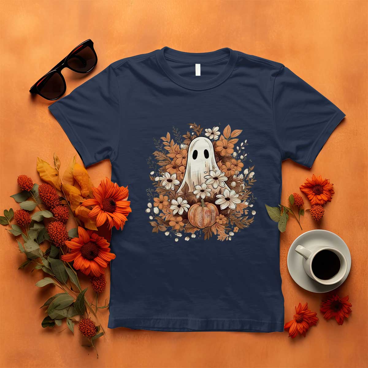 Halloween Ghost T Shirt Vintage Floral Pumpkin Glitter Print - Wonder Print Shop