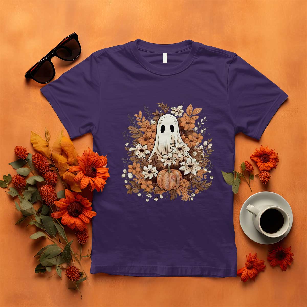 Halloween Ghost T Shirt Vintage Floral Pumpkin Glitter Print - Wonder Print Shop
