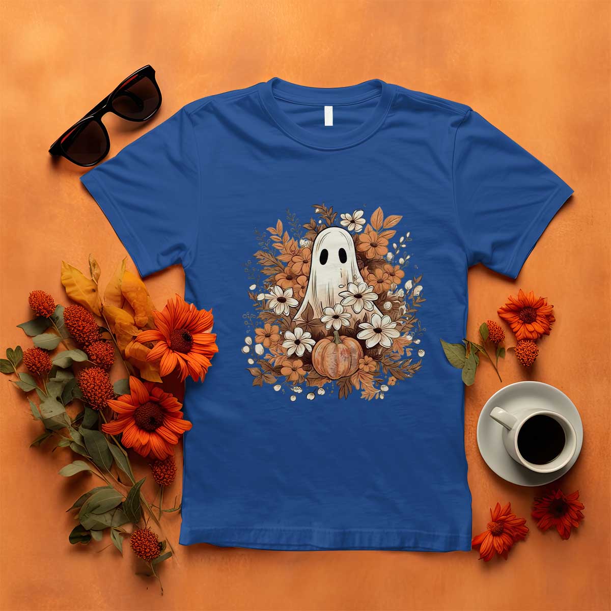 Halloween Ghost T Shirt Vintage Floral Pumpkin Glitter Print - Wonder Print Shop