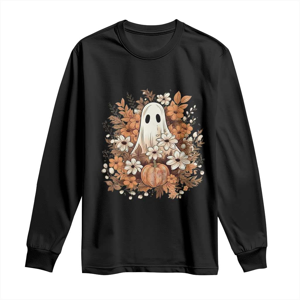 Halloween Ghost Long Sleeve Shirt Vintage Floral Pumpkin Glitter Print - Wonder Print Shop