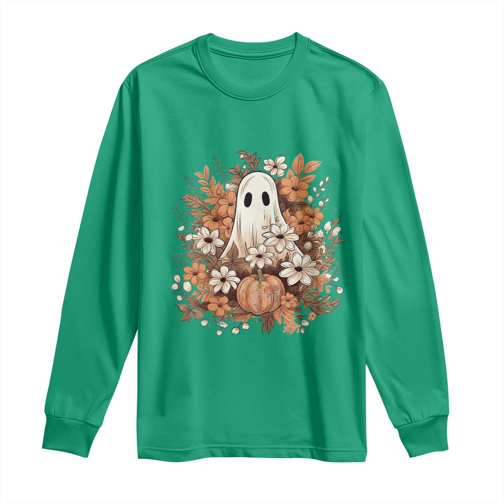 Halloween Ghost Long Sleeve Shirt Vintage Floral Pumpkin Glitter Print - Wonder Print Shop
