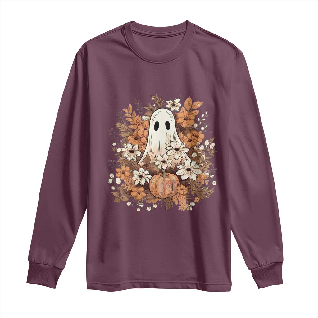 Halloween Ghost Long Sleeve Shirt Vintage Floral Pumpkin Glitter Print - Wonder Print Shop