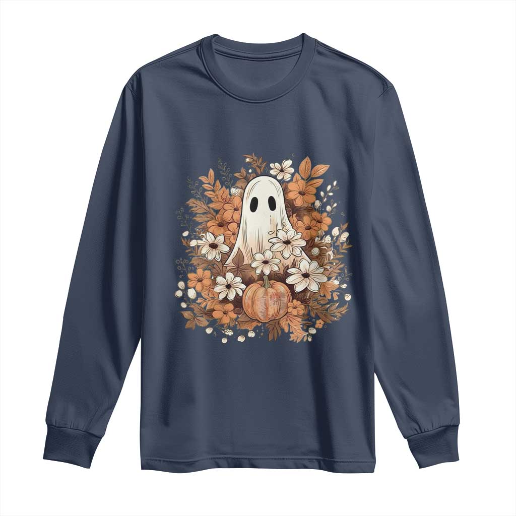 Halloween Ghost Long Sleeve Shirt Vintage Floral Pumpkin Glitter Print - Wonder Print Shop