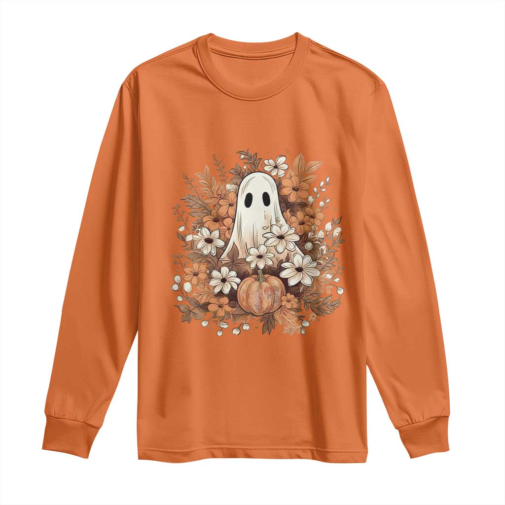 Halloween Ghost Long Sleeve Shirt Vintage Floral Pumpkin Glitter Print - Wonder Print Shop