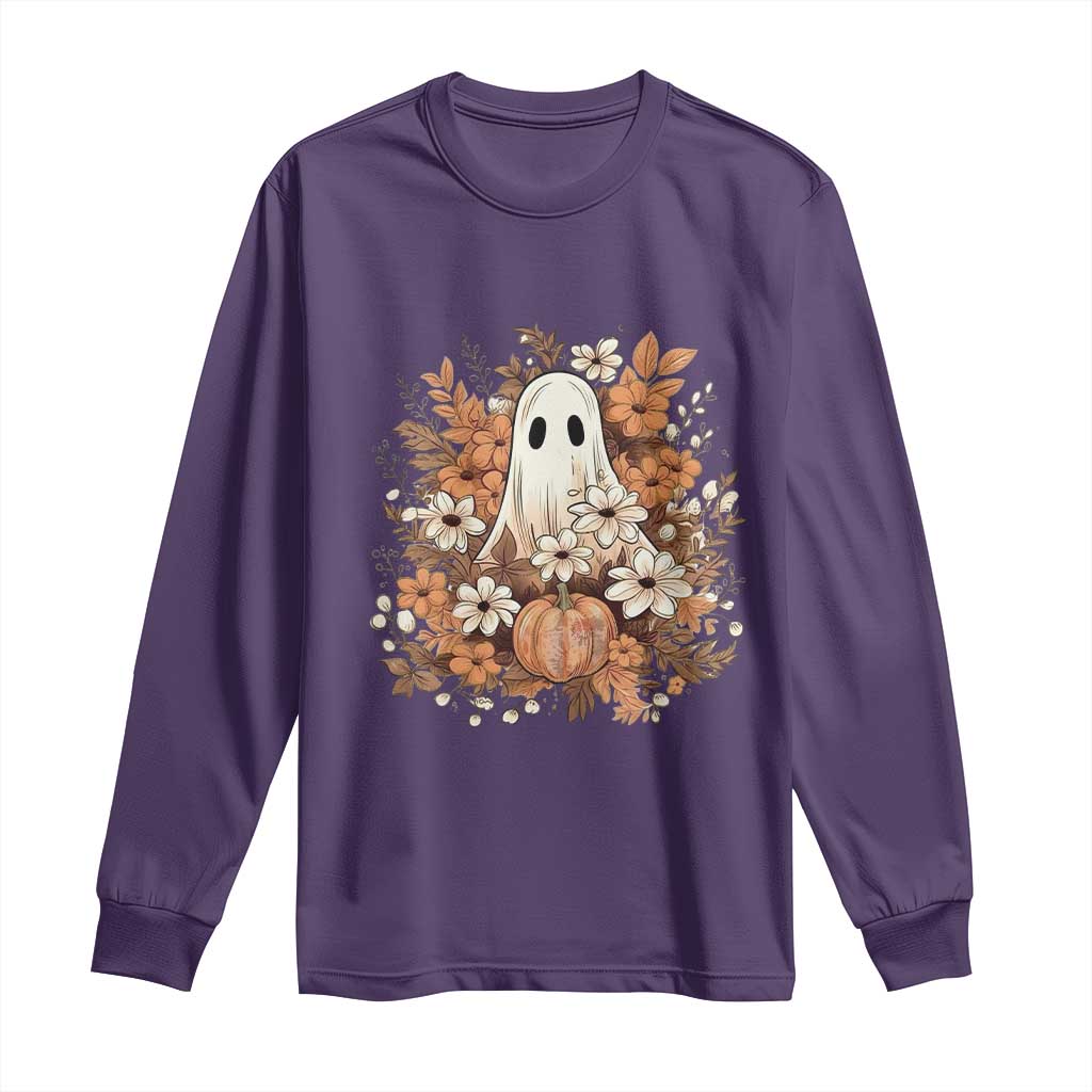 Halloween Ghost Long Sleeve Shirt Vintage Floral Pumpkin Glitter Print - Wonder Print Shop