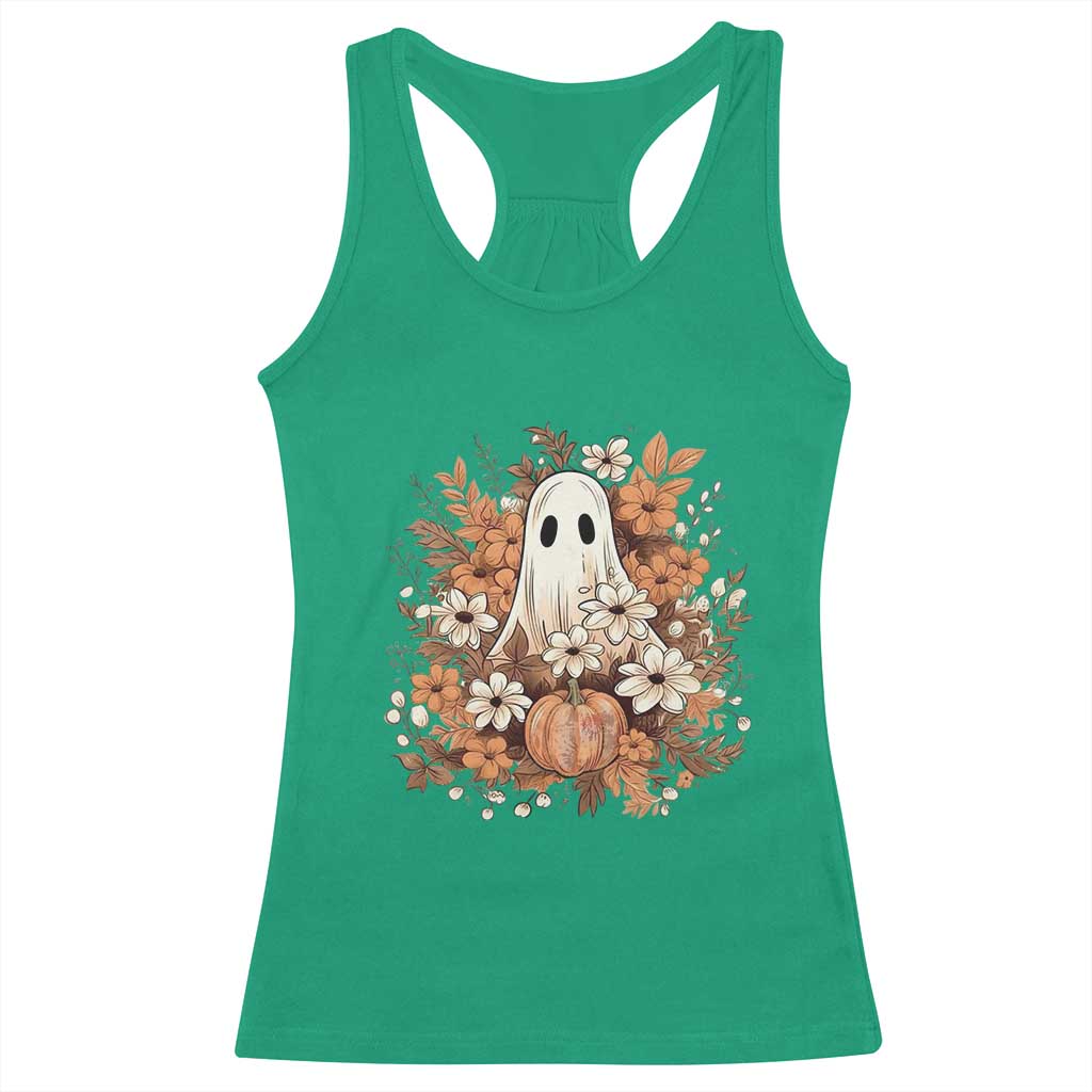 Halloween Ghost Racerback Tank Top Vintage Floral Pumpkin Glitter Print - Wonder Print Shop