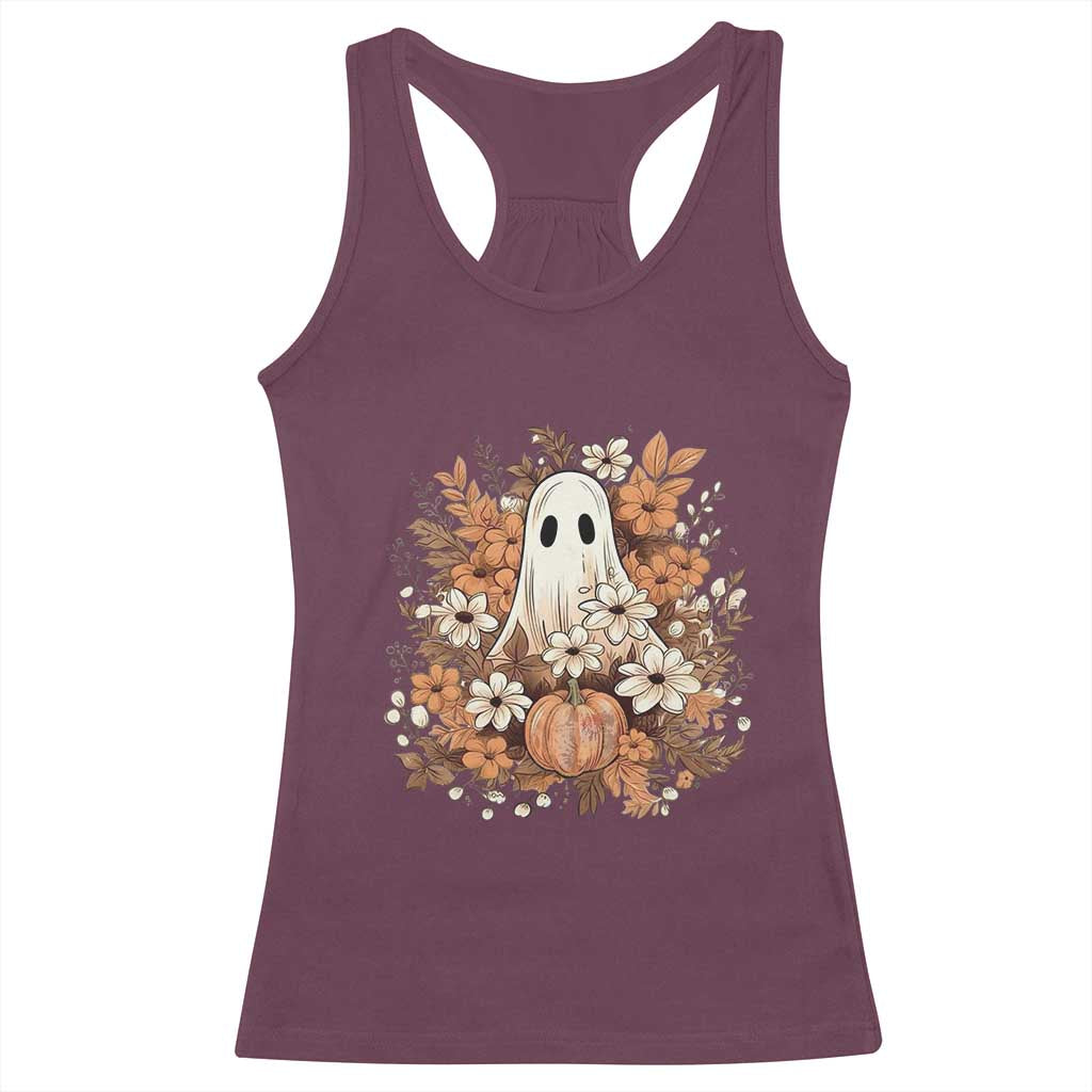 Halloween Ghost Racerback Tank Top Vintage Floral Pumpkin Glitter Print - Wonder Print Shop