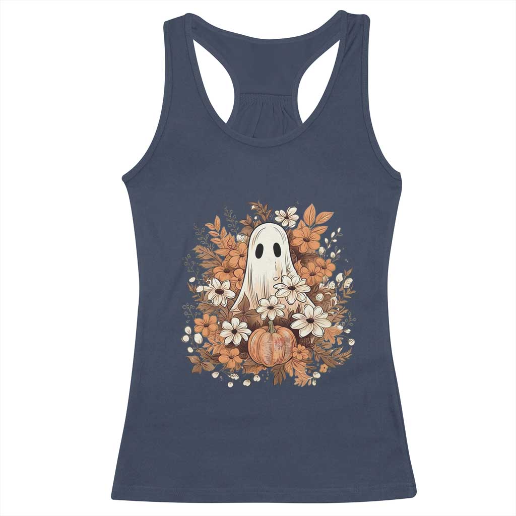Halloween Ghost Racerback Tank Top Vintage Floral Pumpkin Glitter Print - Wonder Print Shop