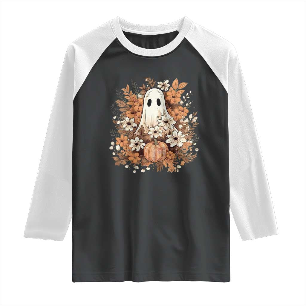 Halloween Ghost Raglan Shirt Vintage Floral Pumpkin Glitter Print - Wonder Print Shop