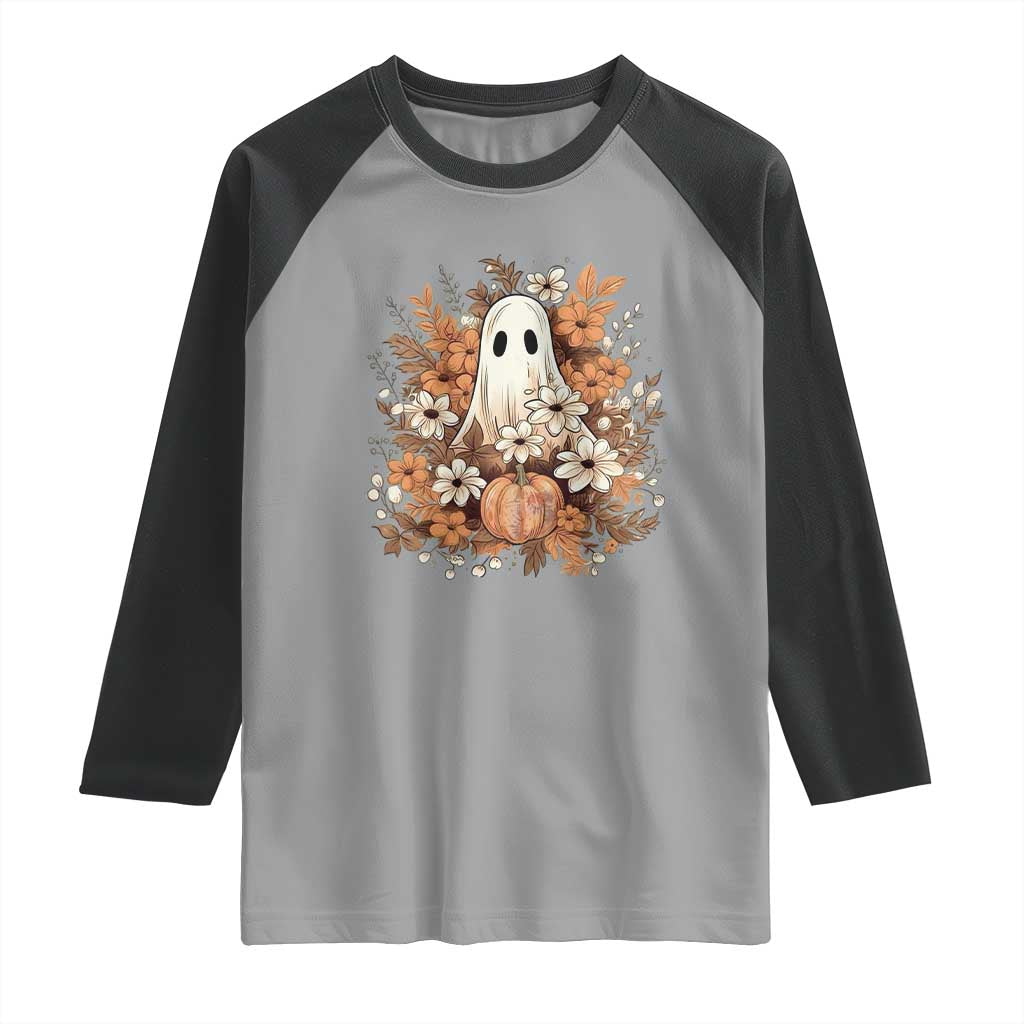 Halloween Ghost Raglan Shirt Vintage Floral Pumpkin Glitter Print - Wonder Print Shop