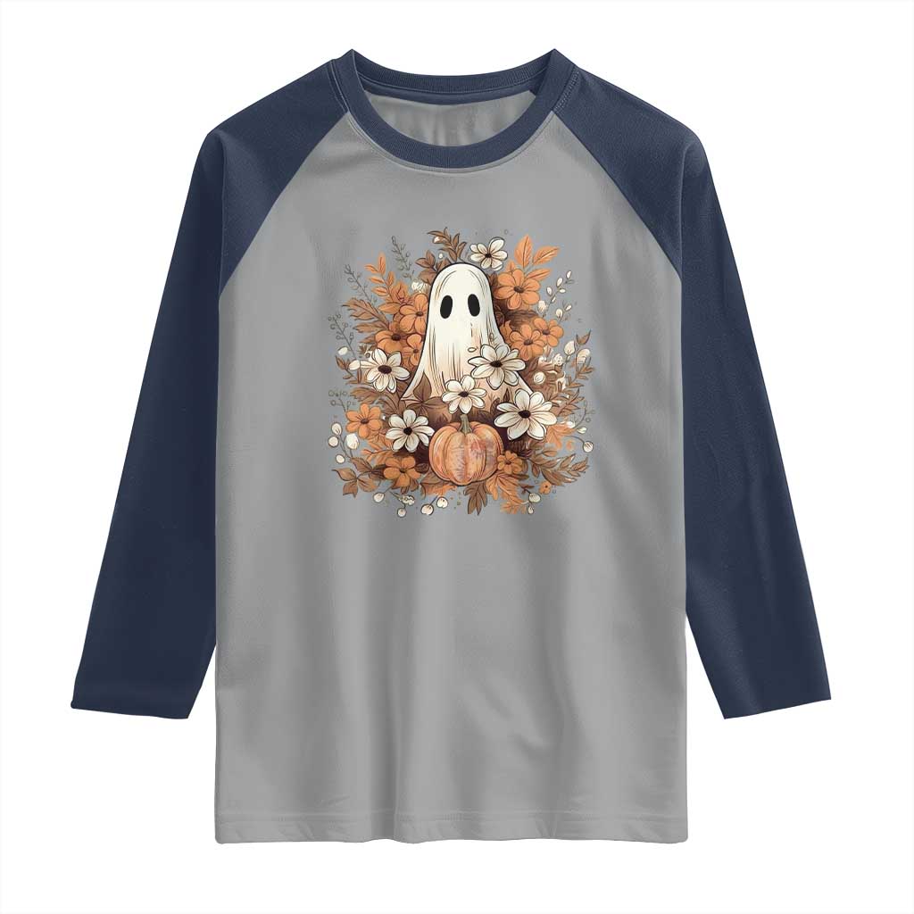 Halloween Ghost Raglan Shirt Vintage Floral Pumpkin Glitter Print - Wonder Print Shop