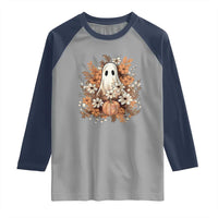 Halloween Ghost Raglan Shirt Vintage Floral Pumpkin Glitter Print - Wonder Print Shop