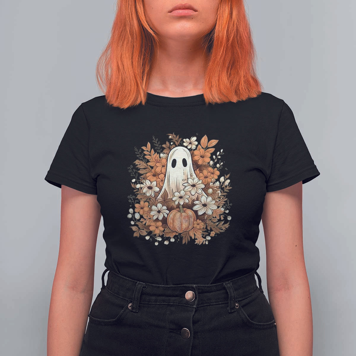 Halloween Ghost T Shirt For Women Vintage Floral Pumpkin Glitter Print - Wonder Print Shop