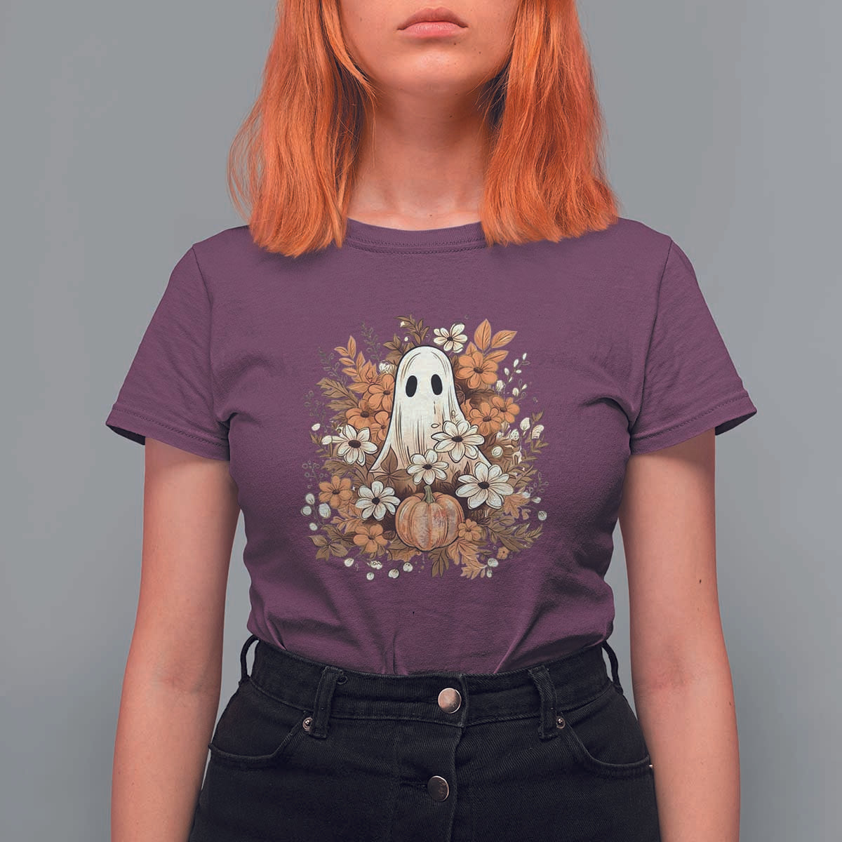 Halloween Ghost T Shirt For Women Vintage Floral Pumpkin Glitter Print - Wonder Print Shop