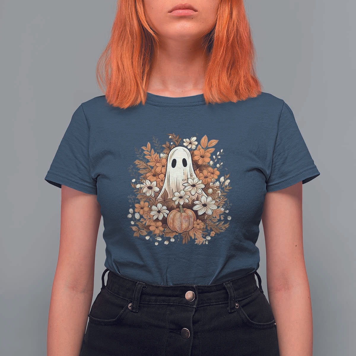 Halloween Ghost T Shirt For Women Vintage Floral Pumpkin Glitter Print - Wonder Print Shop