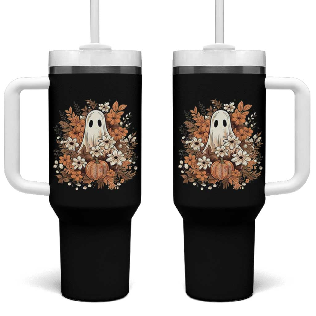 Halloween Ghost Tumbler With Handle Vintage Floral Pumpkin Glitter Print - Wonder Print Shop