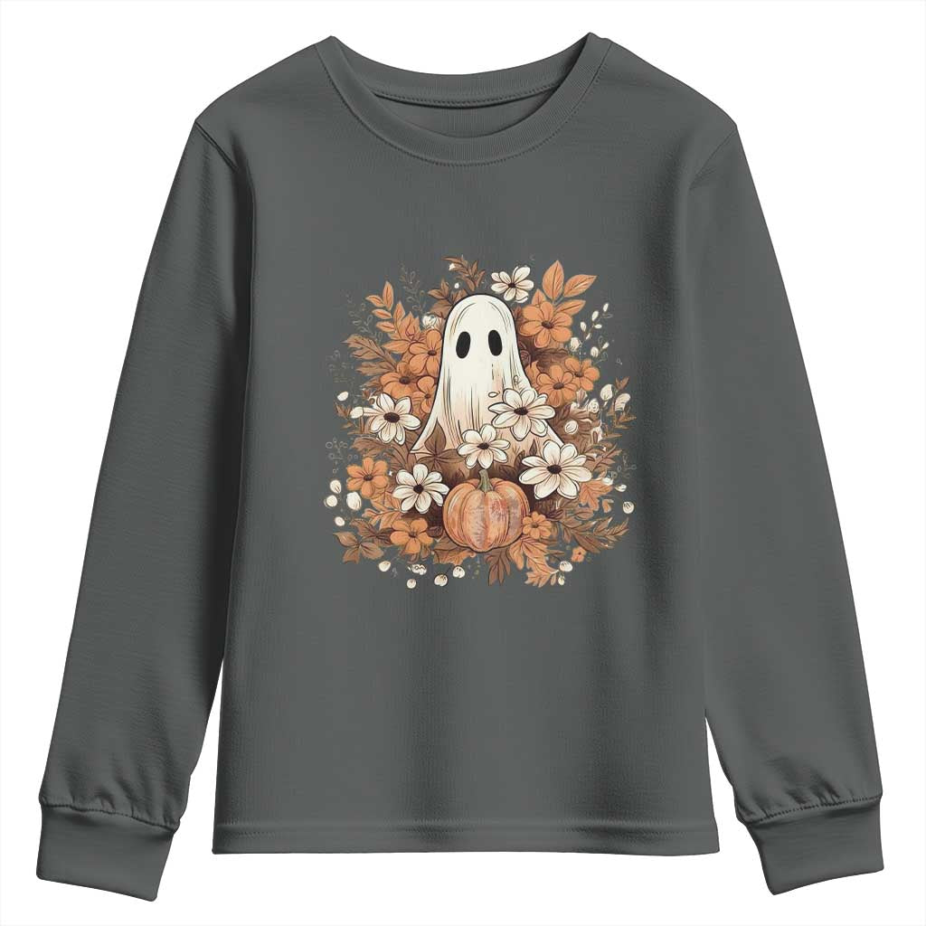 Halloween Ghost Youth Sweatshirt Vintage Floral Pumpkin Glitter Print - Wonder Print Shop