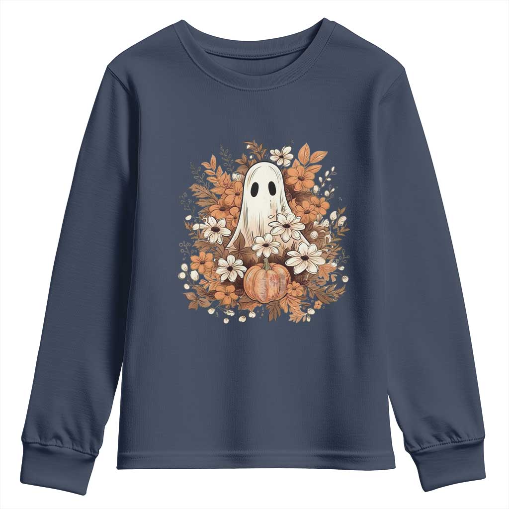 Halloween Ghost Youth Sweatshirt Vintage Floral Pumpkin Glitter Print - Wonder Print Shop