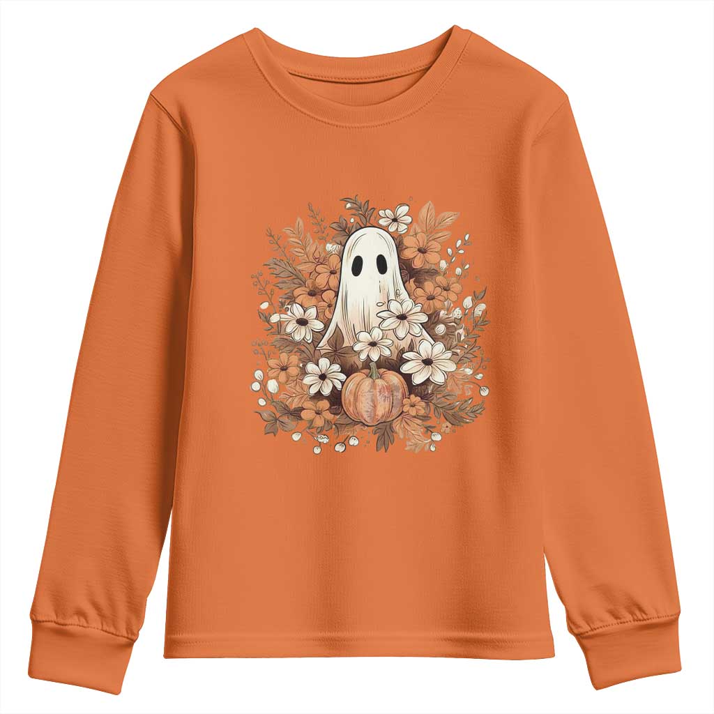 Halloween Ghost Youth Sweatshirt Vintage Floral Pumpkin Glitter Print - Wonder Print Shop
