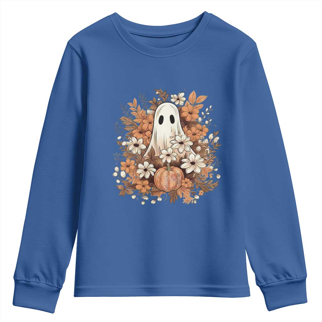 Halloween Ghost Youth Sweatshirt Vintage Floral Pumpkin Glitter Print - Wonder Print Shop