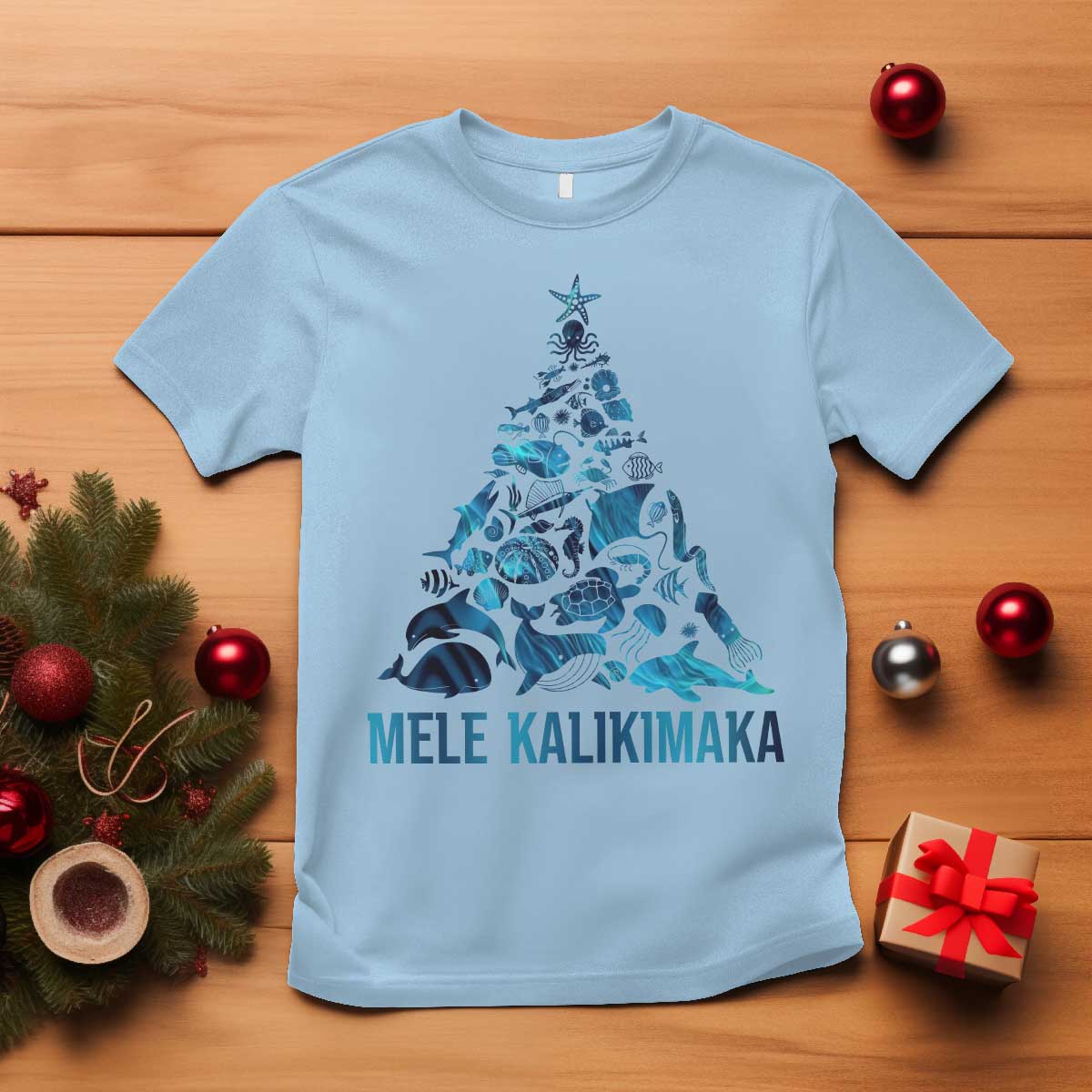 Christmas In Hawaii T Shirt Mele Kalikimala Sea Animals Xmas Tree - Wonder Print Shop