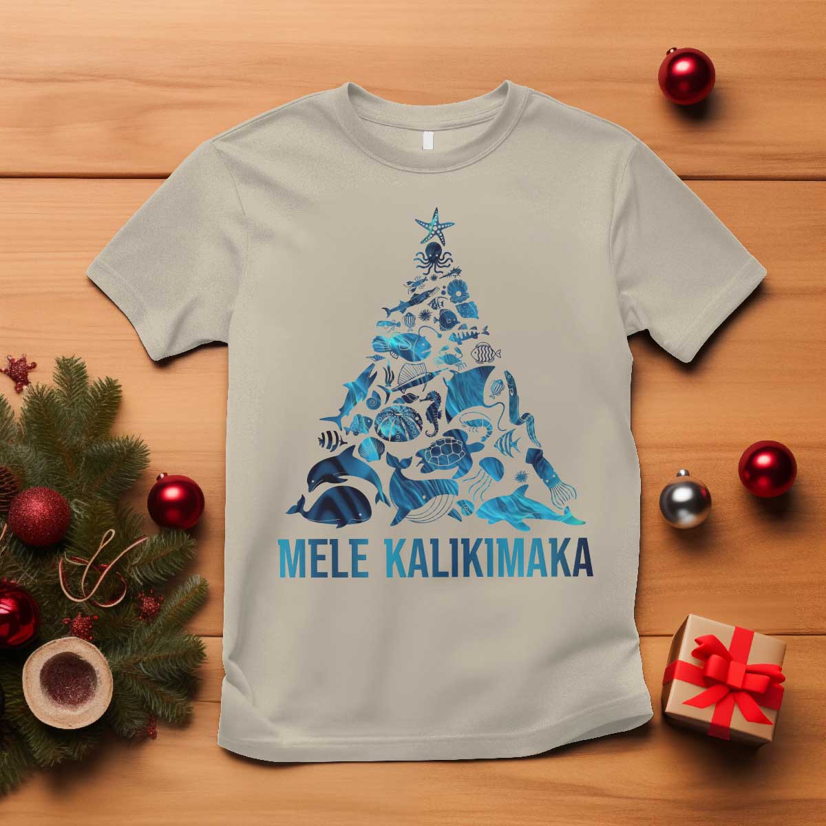 Christmas In Hawaii T Shirt Mele Kalikimala Sea Animals Xmas Tree - Wonder Print Shop